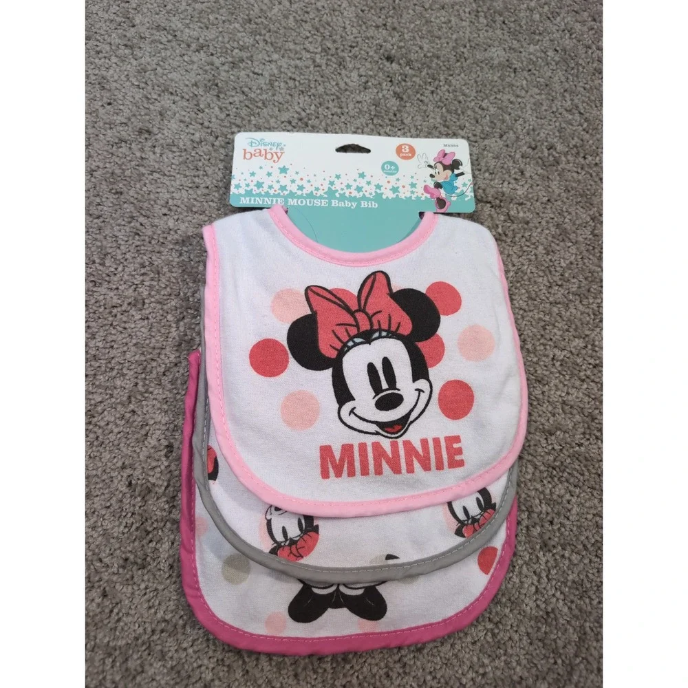Disney Baby Minnie Mouse 3 Pack Baby Bibs 0 Plus Months Pink White‎ Gray
